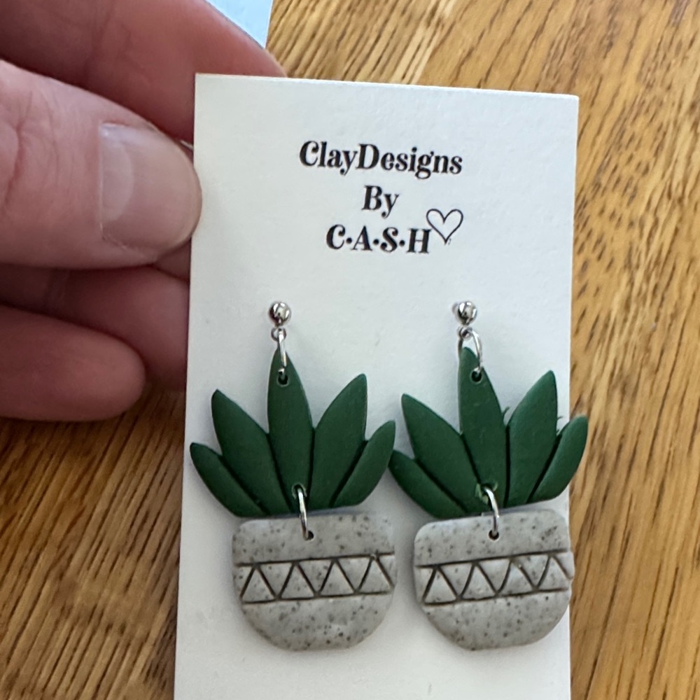 Green and Gray Plant Earrings by ClayDesignsbyCASH